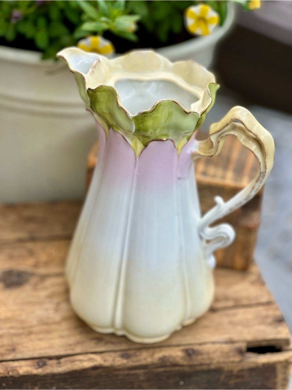 Antique Art Nouveau Floral Pitcher Pink  and Green Lily Blossom Form 1900 1920 - Picture 2 of 11